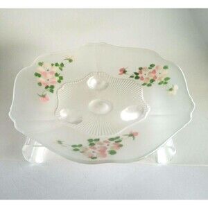 Antique Lancaster Clear Satin Depression Glass Footed Bowl Hand Painted Flowers
